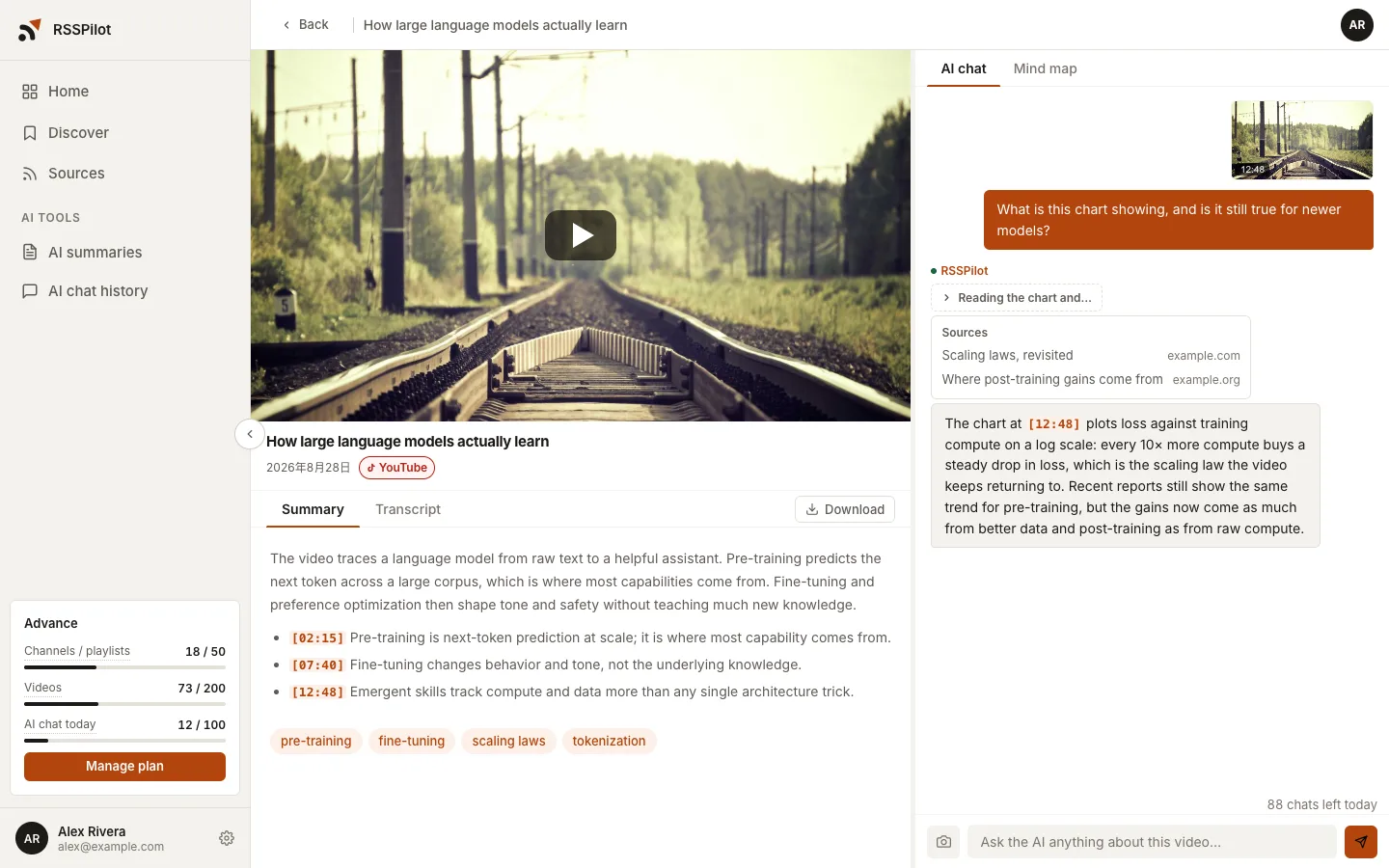 RSSPilot chat panel: a question with a player screenshot, answered after a web search