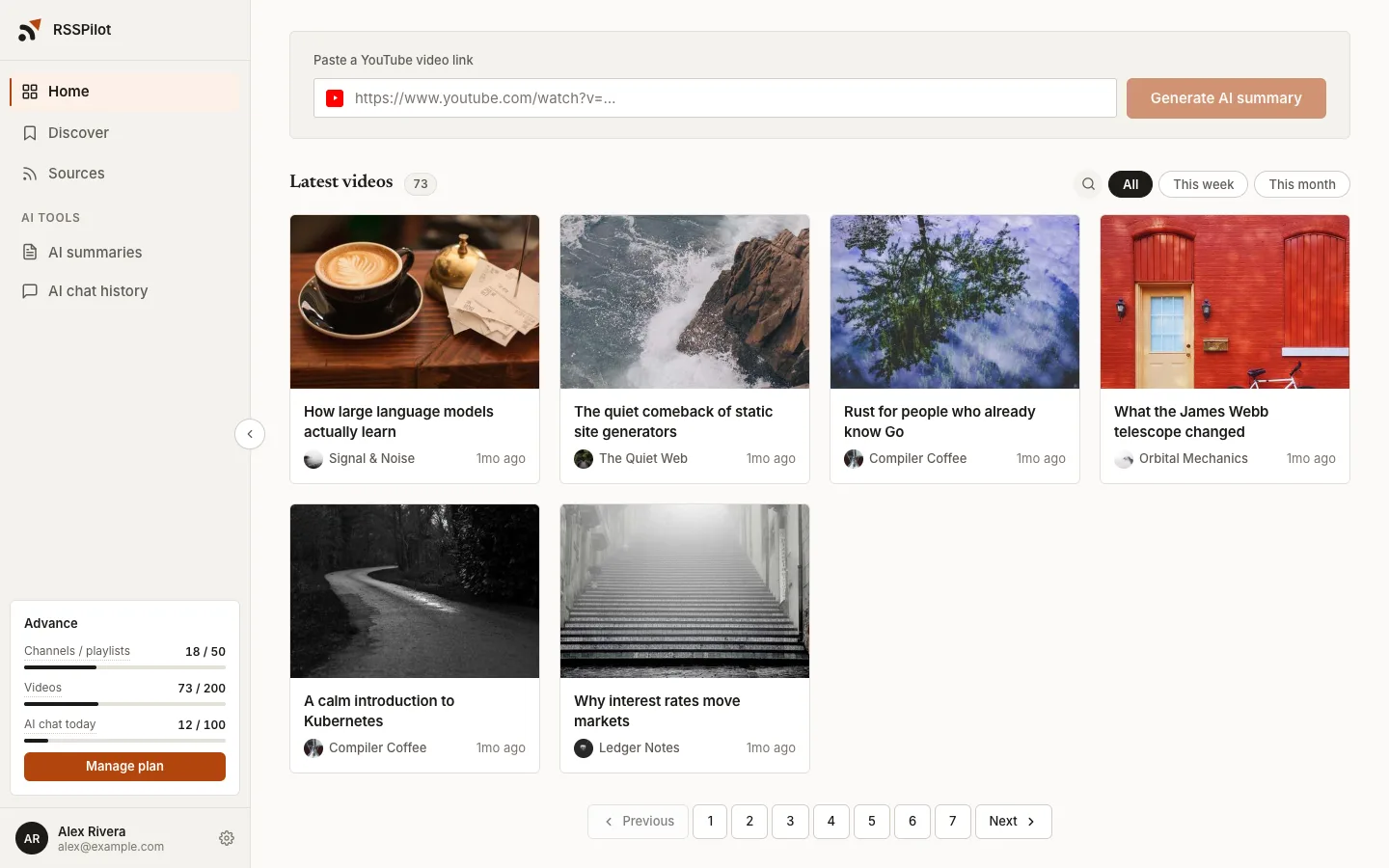 RSSPilot dashboard: a list of AI summaries for the latest videos from your channels