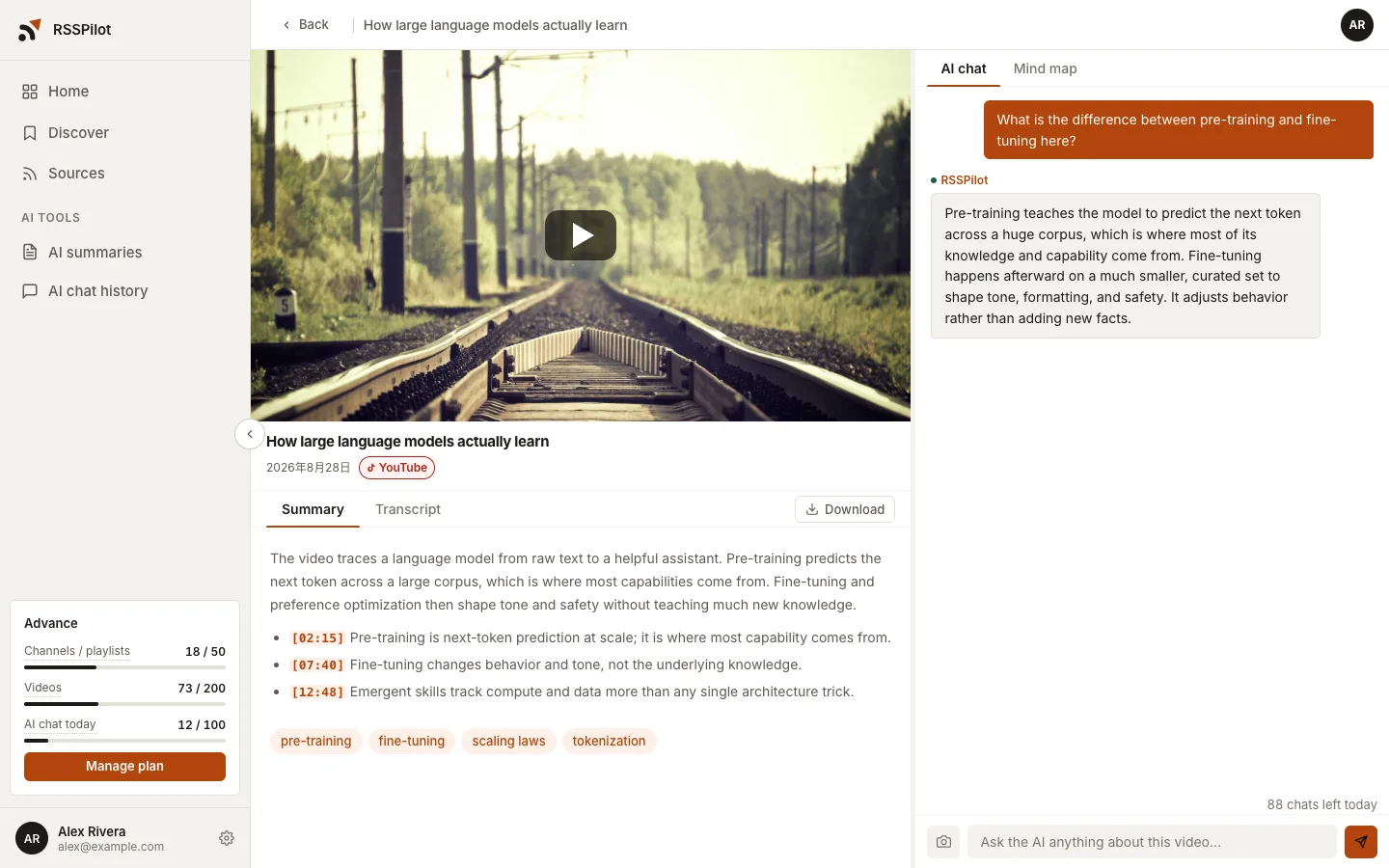 RSSPilot video page: AI summary, clickable timestamps, and the chat panel